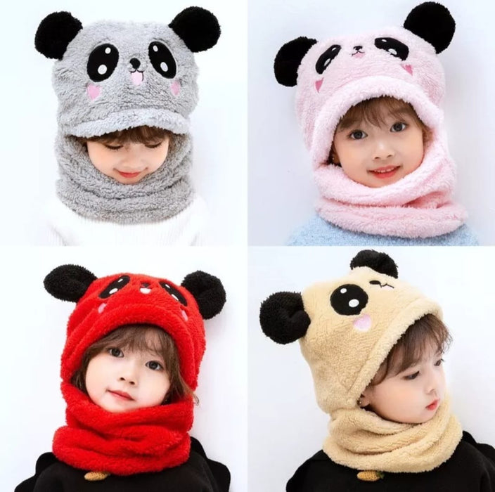 Kids Winter Panda Wool Cap With Neck Warmer (Random Color)