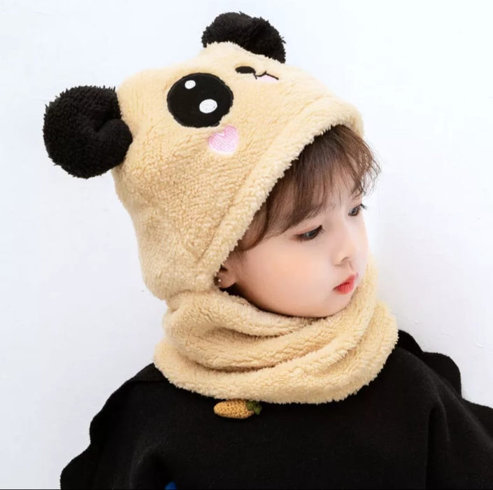 Kids Winter Panda Wool Cap With Neck Warmer (Random Color)